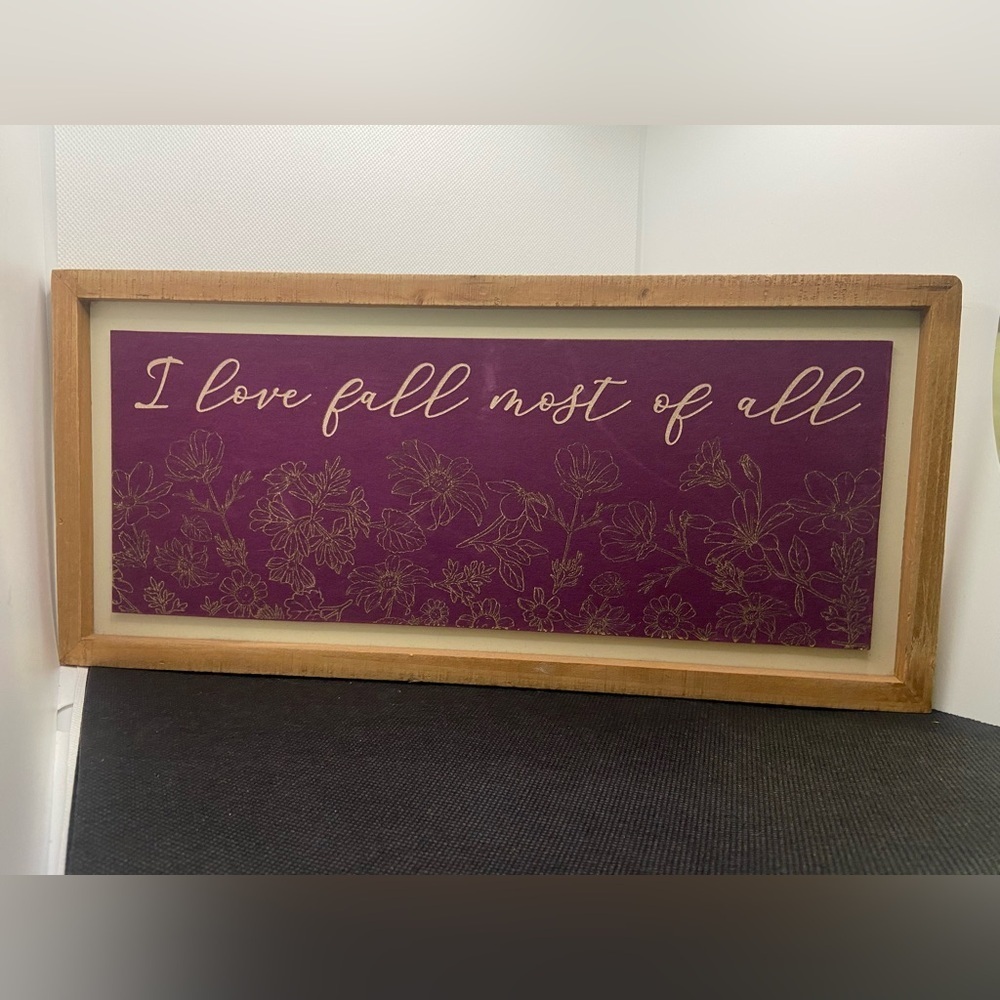 🍀 3/$15 Elegant Fall Festive Purple Velvet Floral Wall Art with Natural Frame